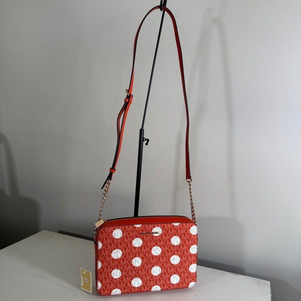 Michael Kors Red Clay Jet Set LG EW Crossbody Polka Dot Chain Strap - Picture 2 of 4